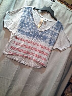 💥Fresh Brewed American Flag V Neck Graphic T Shirt Large Large💥
